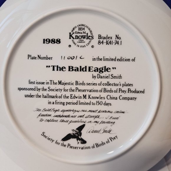 1988 Knowles The Bald Eagle By Daniel Smith Majestic Bird Series Collector Plate - Picture 4 of 7